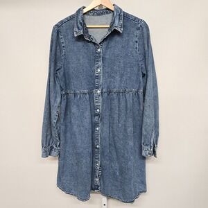 Womens Denim Dress Button Down Long Sleeve Tiered Midi Shirt Dress Size L